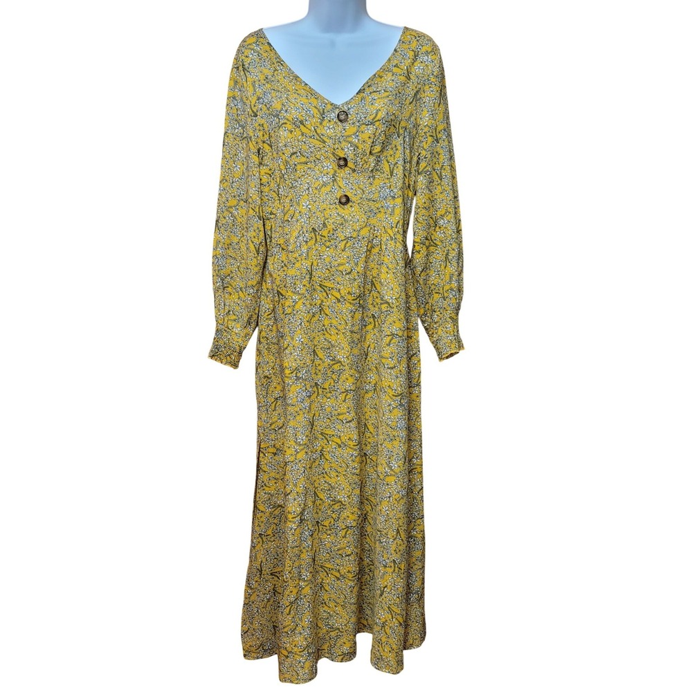 Women's Maxi Yellow Dress Cotton Blend S Boho Floral Prairie Cottage Puff Sleeve